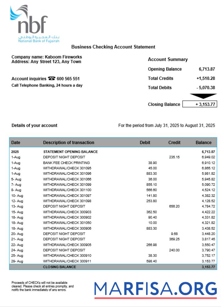 Realistic UAE Fujeirah National bank (NFB) organization checking account statement Word and PDF template